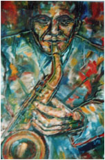 Unnamed alto sax player, oil on paper, 1987